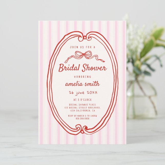 Hand drawn Pink stripes Quirky Bridal shower Invitation (Standing Front)