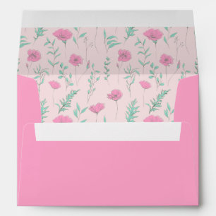 Hand drawn pink teal green floral rustic wedding envelope