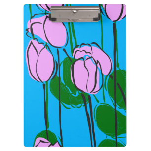 Hand Drawn Pink Tulips on Sky Blue Clipboard