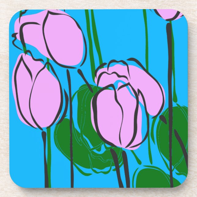 Hand Drawn Pink Tulips on Sky Blue Coaster (Front)