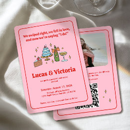 Hand Drawn Pink Whimsical QR Code Photo Wedding Invitation