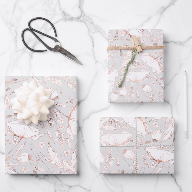 Hand-drawn Pink Wildflowers Sketch Pattern Elegant Wrapping Paper Sheet (Front)