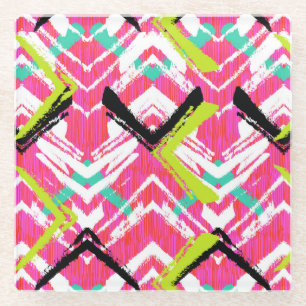 Hand Drawn Pink Zig Zag Pattern Glass Coaster