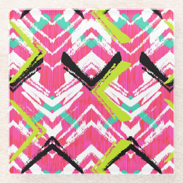 Hand Drawn Pink Zig Zag Pattern Glass Coaster (Front)