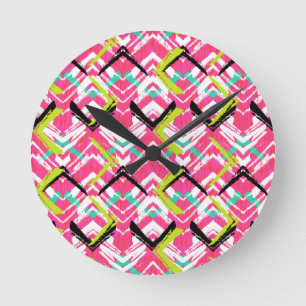 Hand Drawn Pink Zig Zag Pattern Round Clock