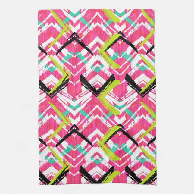 Hand Drawn Pink Zig Zag Pattern Tea Towel (Vertical)