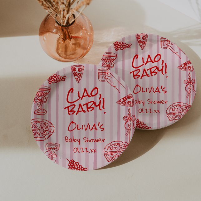 Hand Drawn Pizza Pink Red Ciao Baby Shower Paper Plate (Creator Uploaded)