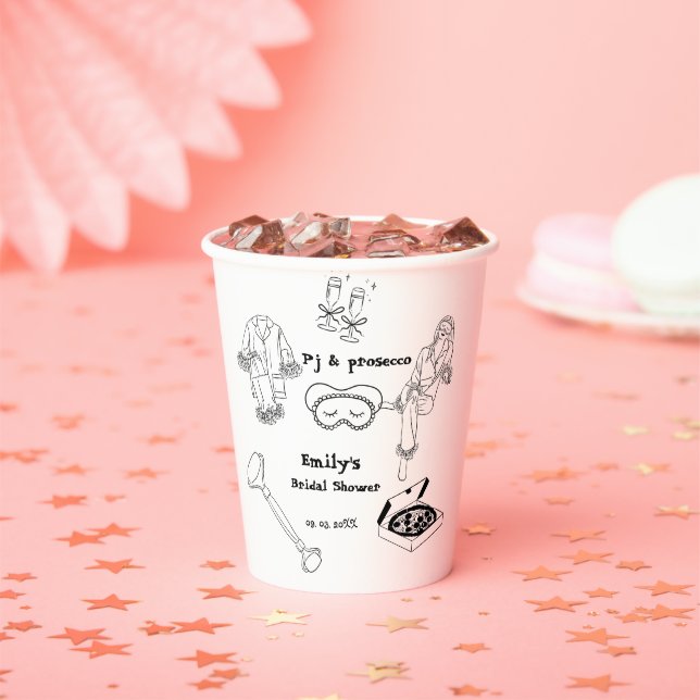 Hand Drawn Pj And Prosecco Bridal Shower  Paper Cups (Insitu)