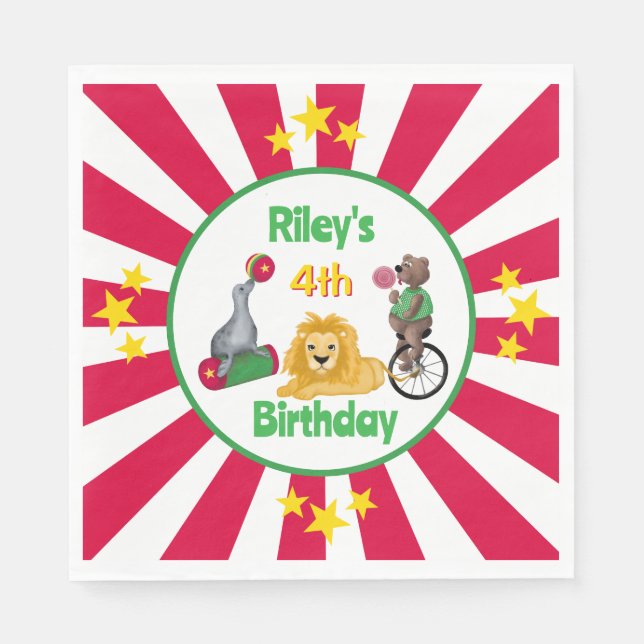 Hand Drawn Playful Circus Animals Red and White Napkin (Front)
