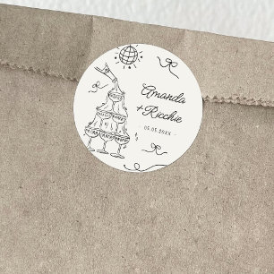 Hand Drawn Playful Whimsical Retro French Wedding Classic Round Sticker