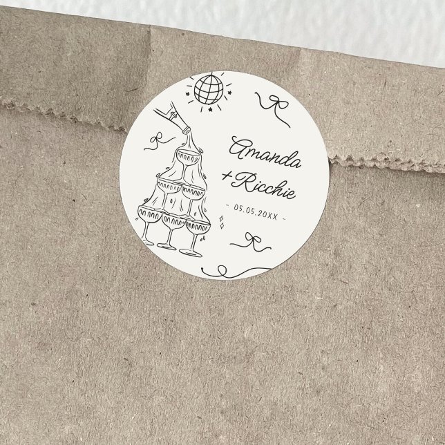 Hand Drawn Playful Whimsical Retro French Wedding Classic Round Sticker (Creator Uploaded)