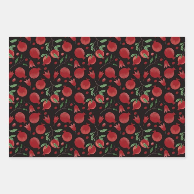Hand-drawn Pomegranate Fruits Seamless Pattern Wrapping Paper Sheet (Front)