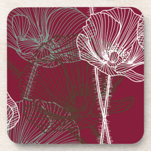 Hand Drawn Poppies on Red Coaster