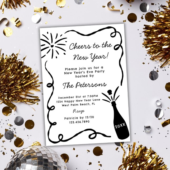 Hand Drawn Popping Champagne New Years Eve Party Invitation (Creator Uploaded)