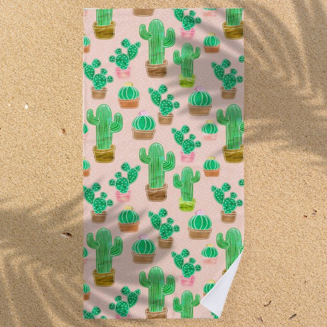 Hand Drawn Potted Cactus Pattern Beach Towel (Creator Uploaded)
