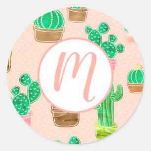 Hand Drawn Potted Cactus Pattern Classic Round Sticker