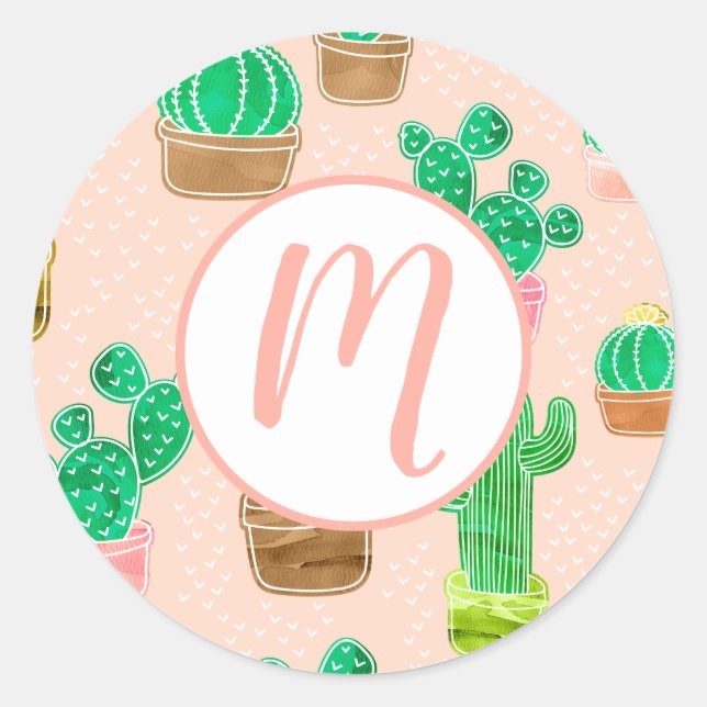 Hand Drawn Potted Cactus Pattern Classic Round Sticker (Front)
