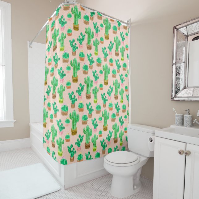 Hand Drawn Potted Cactus Pattern Shower Curtain (In Situ)