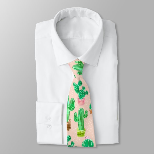 Hand Drawn Potted Cactus Pattern Tie (Tied)