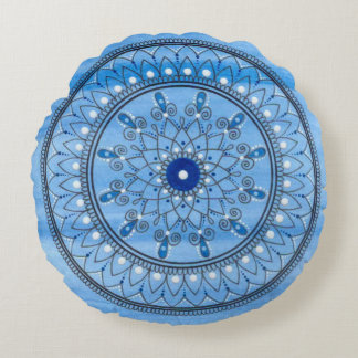 Hand Drawn Pretty Blue And White Mandala Flower Round Cushion
