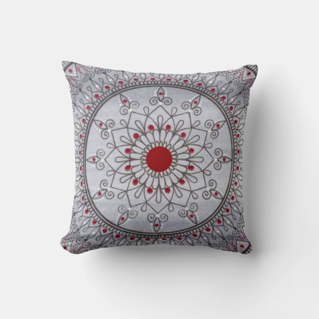 Hand Drawn Pretty Grey And Red Mandala Flower Cushion (Front)