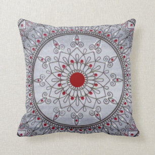 Hand Drawn Pretty Grey And Red Mandala Flower Cushion