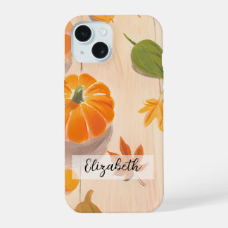 Hand Drawn Pumpkin and Fall Leaves Autumn Harvest iPhone 15 Case