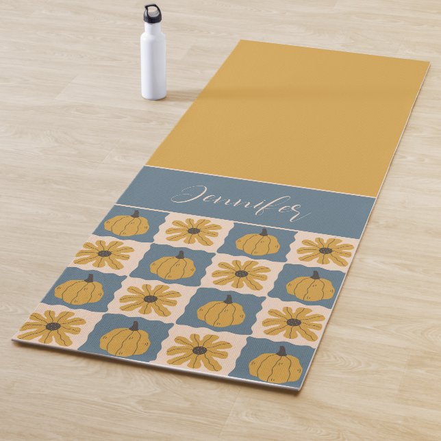 Hand Drawn Pumpkin Check Print Custom Yoga Mat (In Situ)