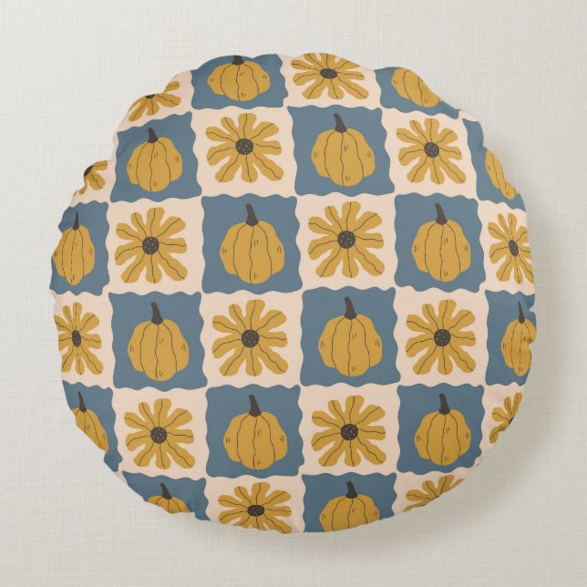 Hand Drawn Pumpkin Check Print Round Pillow (Front)