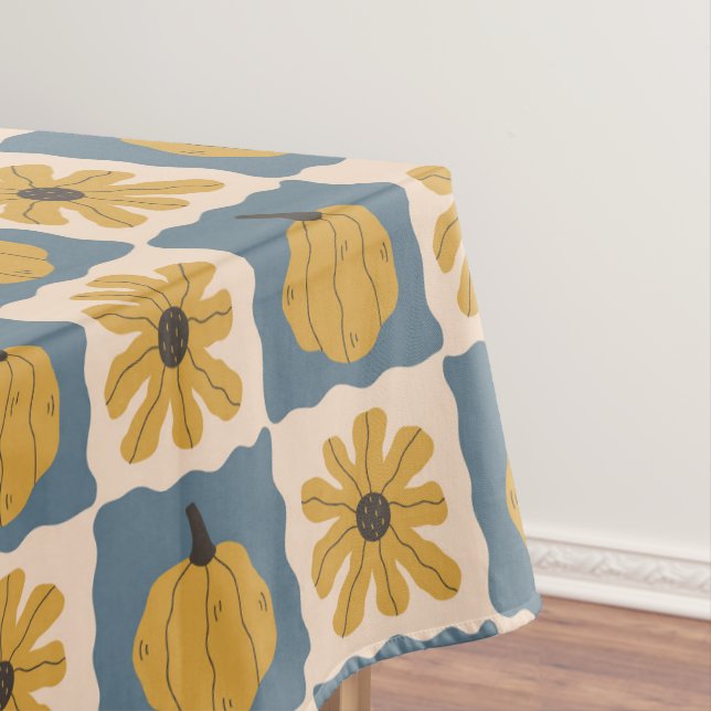 Hand Drawn Pumpkin Check Print Table Cloth (In Situ)