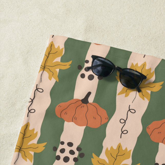 Hand Drawn Pumpkin & Leaf Pattern Beach Towel (In Situ)
