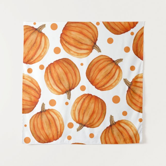 Hand-drawn pumpkins: watercolor Halloween pattern. Tapestry (Front)