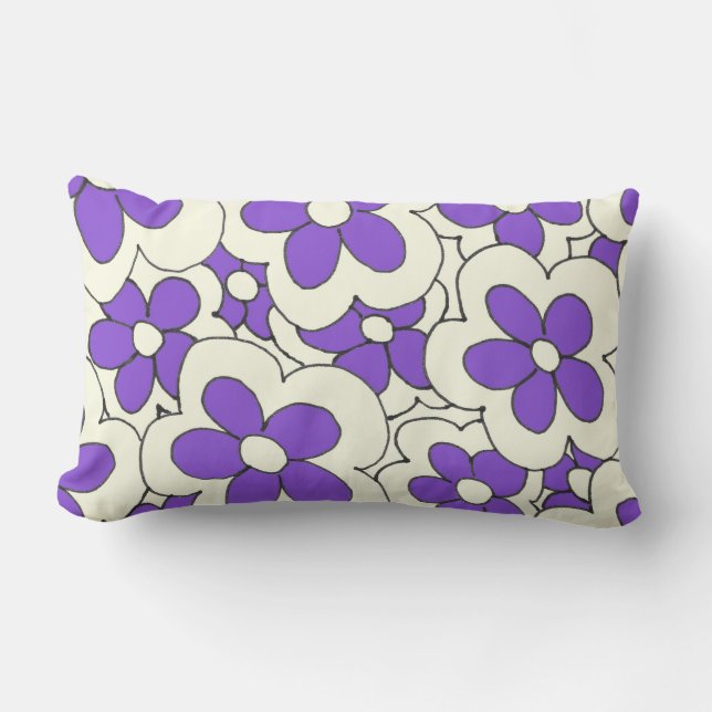 Hand Drawn Purple and Cream Flower Design Lumbar Cushion (Front)