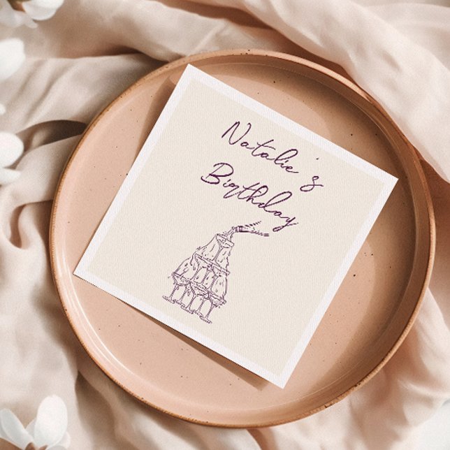 Hand Drawn Purple Champagne Tower Birthday Party Napkin (Creator Uploaded)