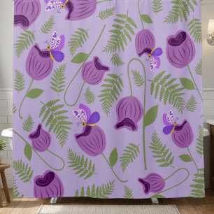 Hand Drawn Purple Flowers Ferns & Butterflies Shower Curtain