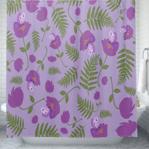 Hand Drawn Purple Flowers & Ferns Shower Curtain