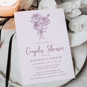 Hand-Drawn Purple Rose Bouquet Couples Shower Invitation
