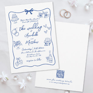Hand Drawn QR Code Blue Whimsical Wedding Invitation