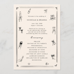 Hand Drawn Quirky Black & White Old Money Wedding Programme