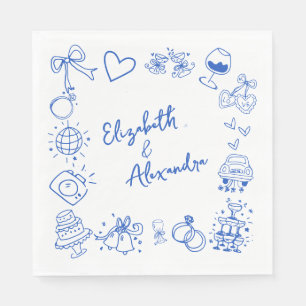 Hand Drawn Quirky Blue French Wedding Napkin