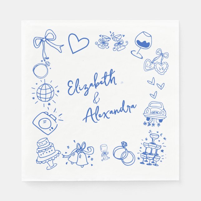 Hand Drawn Quirky Blue French Wedding Napkin (Front)
