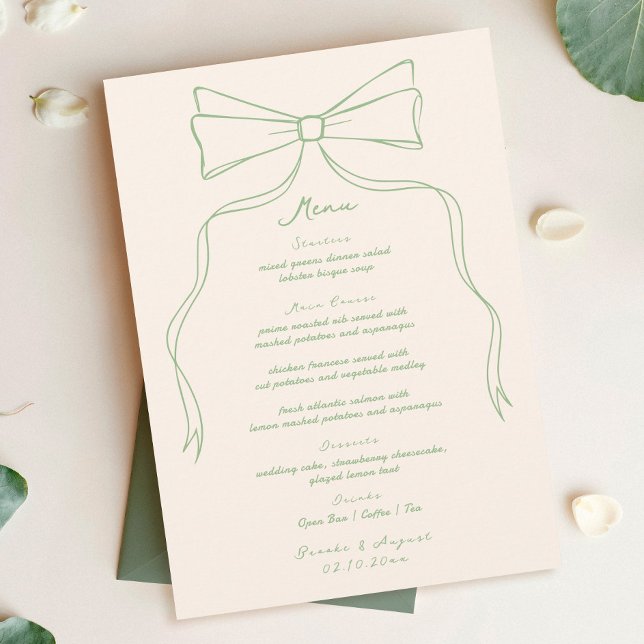 Hand Drawn Quirky Bow Green Wedding Menu (Creator Uploaded)
