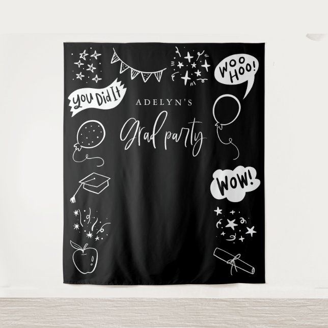 Hand Drawn Quirky Grad Icons Black Backdrops Tapestry (Front)