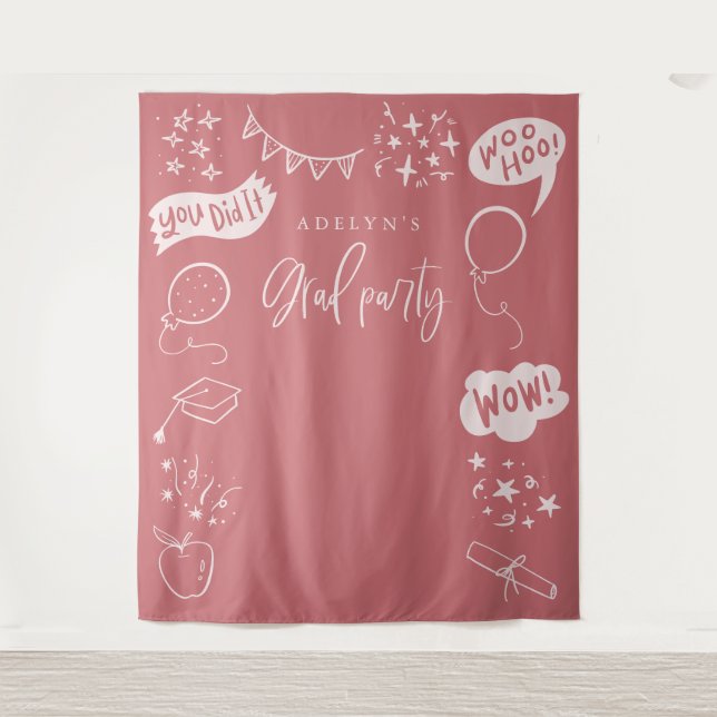 Hand Drawn Quirky Grad Icons Blush Pink Backdrops Tapestry (Front)