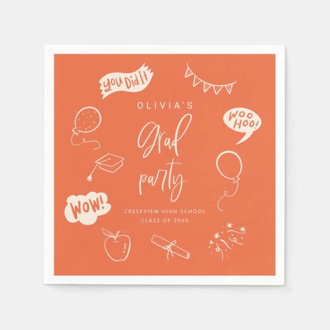 Hand Drawn Quirky Orange Grad Party Napkin (Front)