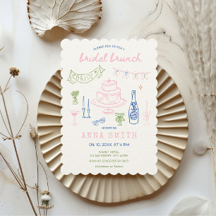 Hand Drawn Quirky Pink Green Blue Bridal Brunch Invitation