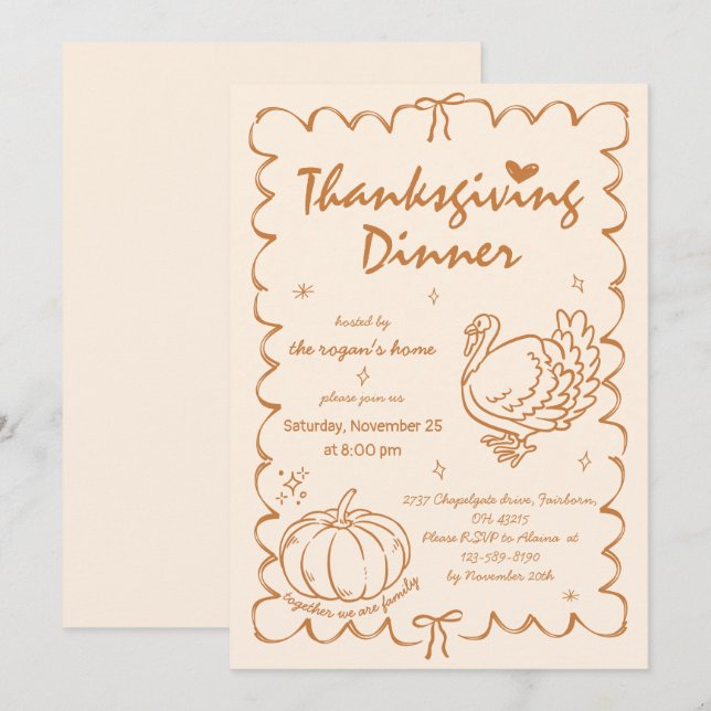 Hand Drawn Quirky Pumpkin Turkey Thanksgiving Invitation (Front/Back)