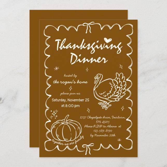 Hand Drawn Quirky Pumpkin Turkey Thanksgiving Invitation (Front/Back)