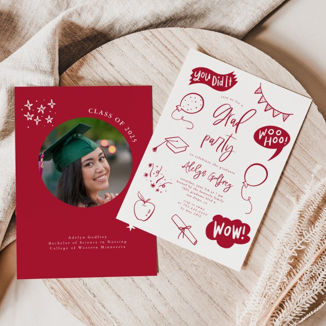 Hand Drawn Quirky Red Graduation Party Invitation (Creator Uploaded)