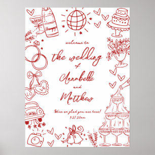 Hand Drawn Quirky Red Wedding Welcome Sign